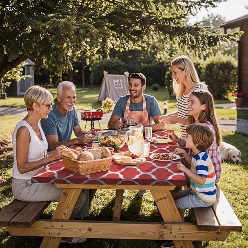 memKiya Fitted Waterproof Picnic Table Cover with Bench Covers Elastic Heat Resistant Outdoor Camping Tablecloth for 6 Foot Dinning Rectangle Tables Summer Rv Patio Garden Road Trip Essential Gift - Thumbnail 6