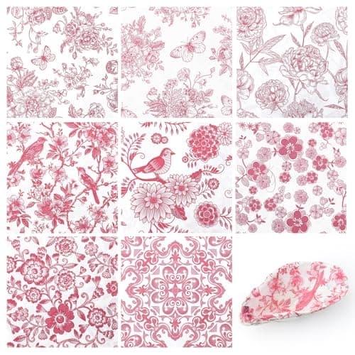 16 Pcs 8 Styles Decoupage Napkins, Pink and White Floral Paper Napkins Chinoiserie Decorative Cocktail Napkin Pretty Printed Cocktail Paper for DIY Crafting Furniture Decor Birthday Party Baby Shower - Image 1