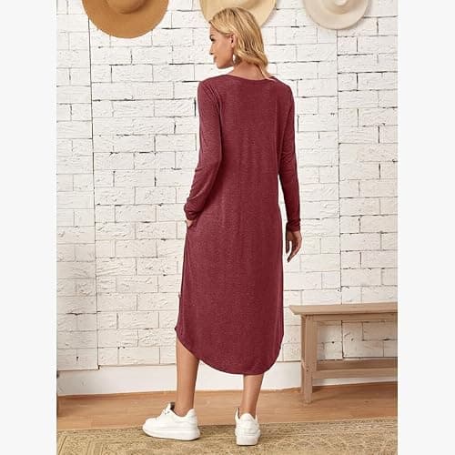 Lounge Dress for Women Long Sleeve Nightgown Midi Long Dress Loose Casual Side Slit Dresses Pocket XXL Red - Thumbnail 4