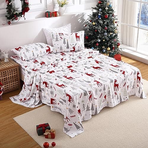 STARBEDIA Christmas Flannel Sheets King, 100% Cotton Holiday Bed Sheet Set, Deep Pocket Fitted Sheet, Soft Warm Brushed Christmas Sheet (King Size, Forest Deer) - Thumbnail 3