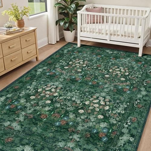 Green Dining Room Rugs for Under Table, Washable Boho Floral 6x9 Area Rug for Living Room, Bedroom, Nursery, Home Office - Vintage Distressed Low Pile Non Slip Carpet, French Country Art Deco Mat - Thumbnail 4