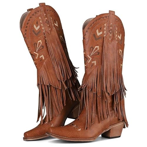 SaraIris Women's Cowgirl Boots Knee High Fringe Boots Tassel Western Boots Classic Embroidered Boots Chunky Heel Pointed Toe Pull On Cowboy Boots for Women, 7.5, 1brown - Image 1