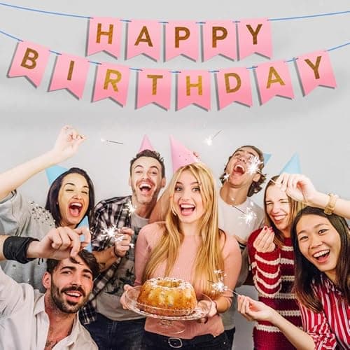 Happy Birthday Banner - Vibrant Happy Birthday Decorations & Sign, 250g Cardstock with 5m String, Perfect Party Decor for Kids, Men, Women & Celebrations, Pink - Thumbnail 3