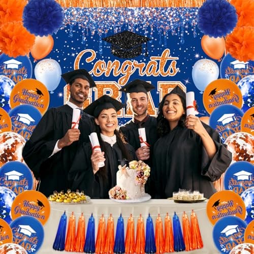 Graduation Decorations Class of 2026, Congrats Grad Backdrop, Graduation Balloons, Paper Pompoms, Paper Tassels, Foil Curtains for 2026 Graduation Party Decorations(Blue Orange) - Thumbnail 6