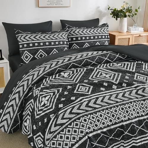 Yiran Queen Comforter Set, 7 Pieces Black Reversible Bedding Set, Boho Aztec Bed in A Bag, Lightweight Soft Bed Comforter Set with Sheets, Pillowcases & Shams - Thumbnail 4