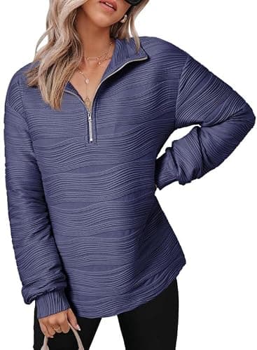 Dokotoo Womens Half Zip Pullover Sweatshirt for Women Long Sleeve Shirts Textured Tops Fall Comfy Loose Fit Jackets Sweatshirts Sweaters Clothes 2026 Trendy Knit Outfits Navy Blue Mdeium - Thumbnail 2