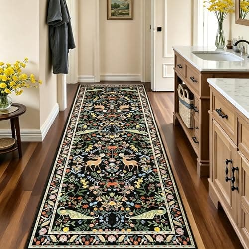 2x6 Black Bathroom Rugs - Washable Floral Runners for Kitchen Floor, Hallway, Low Pile & Soft Non Slip Bedroom Carpet with Rubber Backing, Dark Botanical & Animal Decor - Thumbnail 4