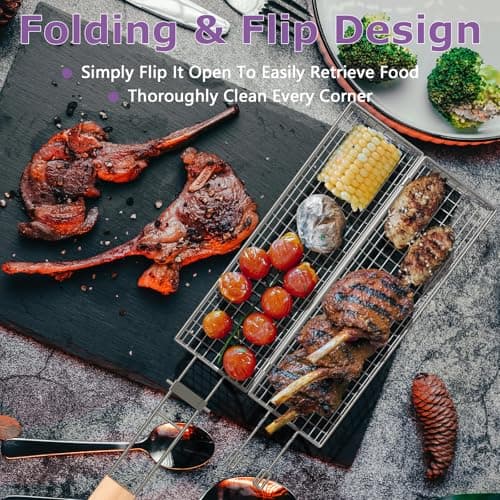 GAUYEBY Rolling Grill Basket, Grilling Baskets for Outdoor Grill, REMOVABLE HANDLE, Anti-Scorch Stainless Steel BBQ Net Tube for Meat, Shrimp, Vegetables, BBQ Gifts for Dad, Husband (Octagon) - Thumbnail 6