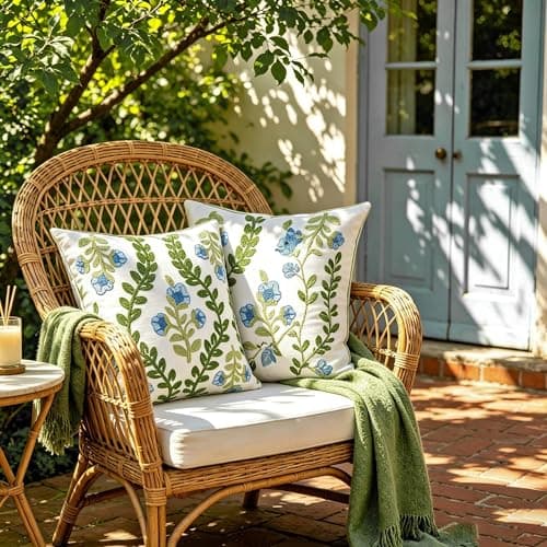 yuboo Spring Floral Embroidered Throw Pillow Covers 18x18 Set of 2, Blue and Sage Green Pillow Covers Botanical Tufted Decorative Cushion Cases, Boho Farmhouse Decor for Couch Living Room Sofa Bed - Image 1