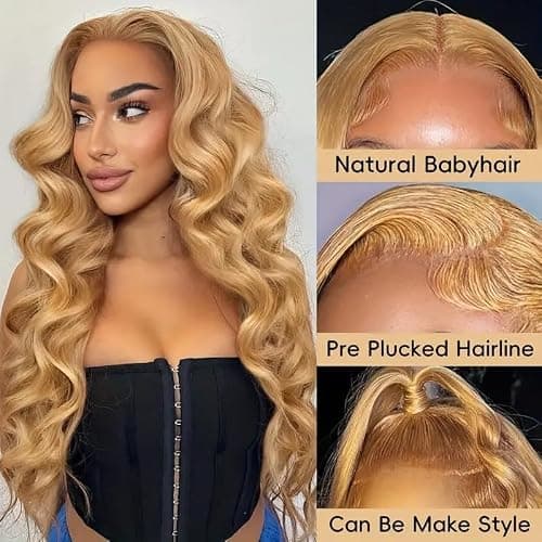 ROOMOOD 27# Ash Blonde Human Hair Lace Frontal Wig Body Wave 180% Density 13x6 Lace Front Wig Pre Plucked Natural Hairline for Women（20inch） - Thumbnail 4
