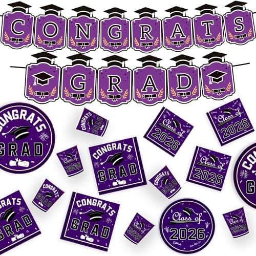 OHOME Graduation Party Decorations 2026 - Graduation Decorations Class of 2026 - Serve 24 - Purple Plates Tablecloth Napkins Cups Graduation Banner- Graduation Party Favors Supplies - Thumbnail 5