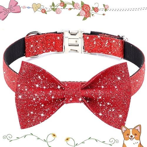 Jumpress Red Dog Collar with Bow, Bling Bowtie Dog Collar for Puppy Small Medium Dogs, Cute Walking Boy and Girl Dog Collar (Neck fit 11-16’’) - Thumbnail 2