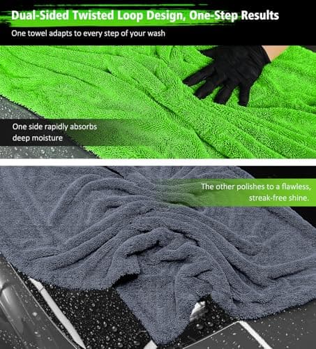 YeewayVeh "Agile Giant Car Drying Towel, 28x36 Inch Quick Car Wash Drying Towels, 1400 GSM Super Absorbent, Double Sided Microfiber Towels for Cars Effortless & Scratch-Free Detailing, Green - Thumbnail 6