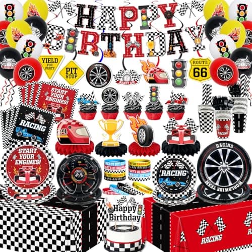 Race Car Birthday Party Decorations Cars Birthday Decorations - Wheel Tire Plates Napkins Checkered Tablecloths Balloons Banner Cake Toppers Honeycombs Centerpieces for Racing Party Decor Serve 26 - Image 1