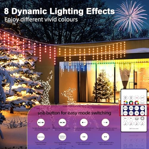 AHAWILL Icicle Lights for Outside,66ft Christmas Lights Outdoor with Dimmable 510LED,IP65 Waterproof,USB Plug in Curtain String Lights with DIY Scene Modes for Party,Roof,Halloween Decor(Multicolor) - Thumbnail 2