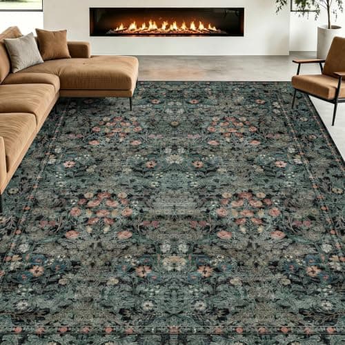 Dark Green Boho 5x7 Area Rugs for Bedroom Aesthetic, Washable Floral Rug for Living Room, Nursery - Low Pile Non Slip French Country Carpet for Dining Room Under Table - Botanical Mat for Indoor - Image 1