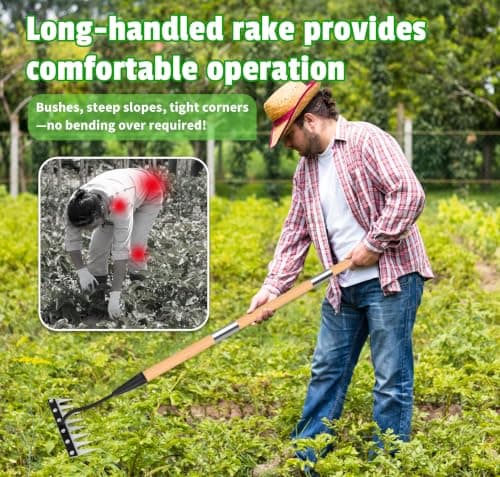 ATLRGISL Iron Weed Rake with Wooden Long Handle, 8 Teeth Weed Puller Tool Heavy Duty, Manual Gardenia Weeding Rake Tool for Yard, Lawn and Garden, 56Inch - Thumbnail 6