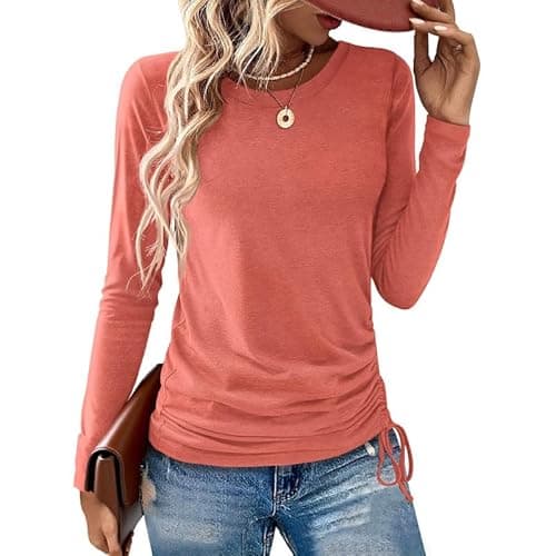 AIZHINENG Womens Long Sleeve Shirts Crewneck Tops Casual Fall Spring Trendy T-Shirts Outfits Clothes 2025 Pink