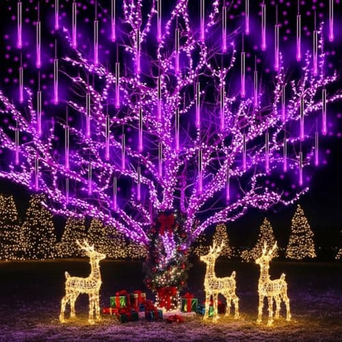 Lauzior Christmas Decoration Outdoors - 32 Tubes Meteor Shower Lights, Waterproof Falling Rain Lights for Halloween Decor Xmas Tree Garden Yard Wedding Party, Purple - Image 1