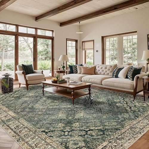 Luxcrest Green and Beige 9x12 Rug: Vintage Washable Rugs for Living Room Bedroom Soft Non Slip - Thin Stain Resistant Carpet for Dining Room Indoor