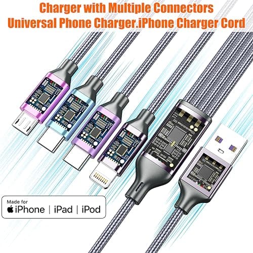 HYXing Multi Charging Cable 4ft 2Pack, 4 in 1 Charging Cable Nylon Braided Lightning iPhone Charger,Universal Charger Phone Cord with Type-C,Micro USB,IP Port for iPhone17-5/Android -Multicolor - Thumbnail 4