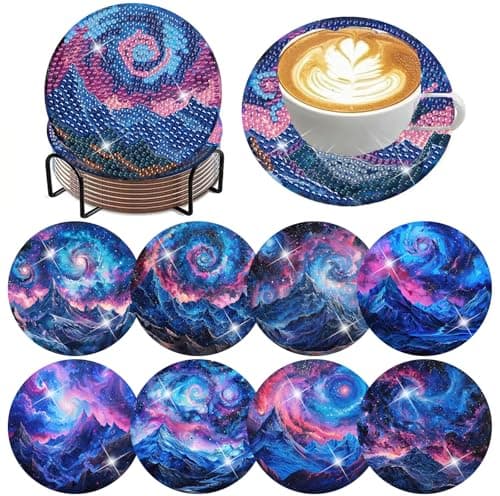 ijbnhd 8 PCS Aurora Diamond Art Coasters Diamond Painting Coasters Kits with Holder Aurora DIY Coaster for Beginners, Adults, Diamond Art Crafts Supplies 4x4 in (Cork Wooden Pad)