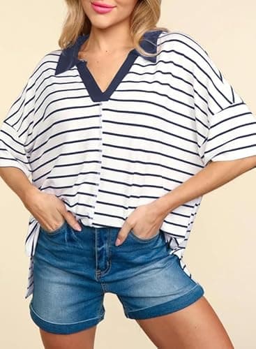 Dokotoo Summer Womens Shirts for Women 2026 Summer Cute Crop Tops White Blue Striped Polo Shirts Womens Blouses Dressy Casual Fashion Vacation Outfits Resort Wear Ladies Loose Fit Polo Shirts L - Thumbnail 4