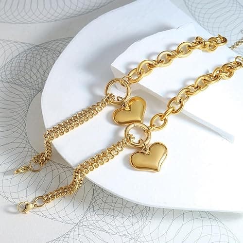 Alegend Titanium Steel (Not Rust, Resist Corruption, Easily Clean) 18K Gold Plated Romantic Heart Charm Bracelet - Adjustable Fit - Thumbnail 5