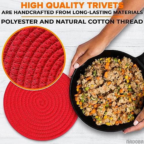 3 Pcs Red Trivets for Hot Dishes – Cotton & Polyester Trivets for Hot Pots and Pans, 2 Round 8.5" and 1 Oval 12x8.5 – Heat Resistant Kitchen Pads for Bakeware, Pots, Dining Table and Countertop Use - Thumbnail 3