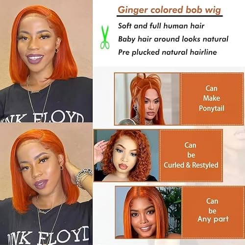 Thusiae 250% Density Ginger Bob Wig Human Hair 13x4 HD Lace Closure Wig Orange Bob Human Hair Wig with Baby Hair Short Straight Bob Colored Wig for Women 14 Inch - Thumbnail 3