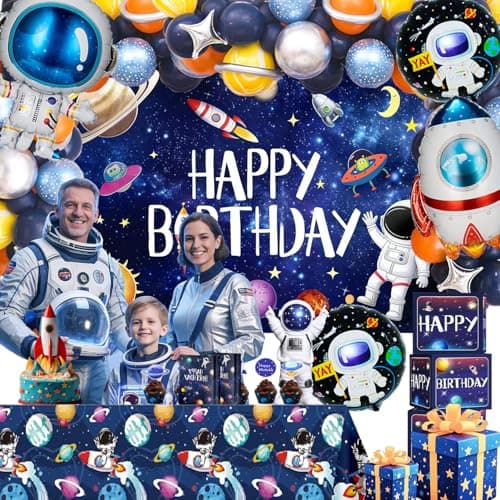 Outer Space Birthday Party Decorations – Space Theme Set with Backdrop, Tablecloth, Rocket & Astronaut Foil Balloons, Star Balloons, Cake Topper & Latex Balloons for Space Themed Party, Room Decor - Thumbnail 2