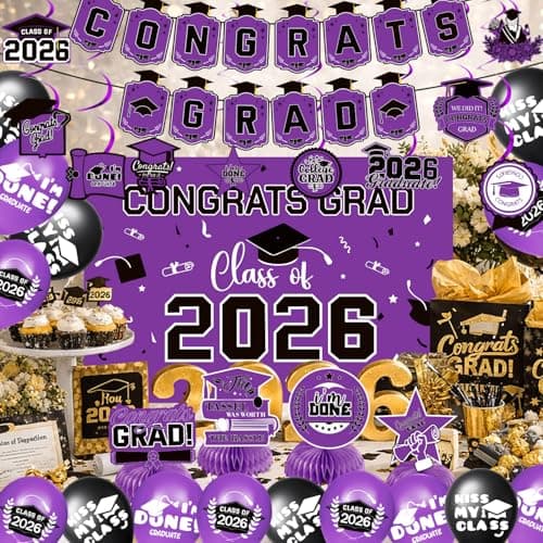 2026 Graduation Decorations Set Congrats Grad Banner Class of 2026 Backdrop Balloons Swirls Honeycomb Centerpieces Purple Graduation Party Supplies for High School College Grad Decor - Thumbnail 2