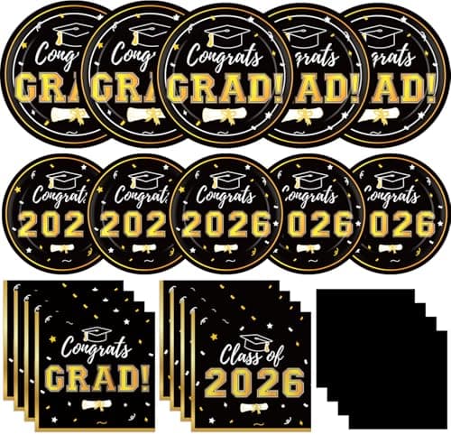 Graduation Decorations 2026 Class of 2026 Congrats Grad Disposable Paper Plates Luncheon Napkins Cocktail Napkins Black Gold Graduation Party Supplies Serve 50 - Image 1