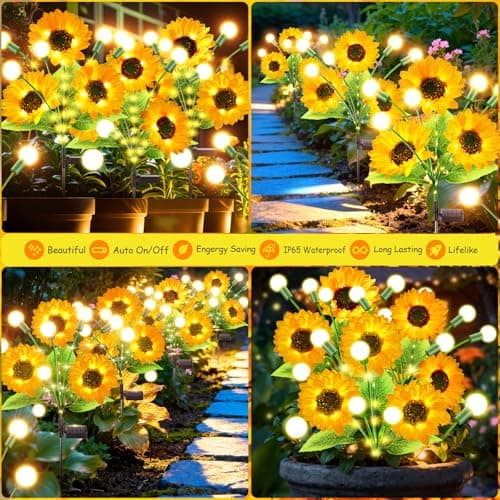 Garpar Solar Lights Outdoor Garden Decor, 4 Pack Swaying Solar Firefly Lights with Big Sunflowers, Waterproof Solar Flower Lights for Yard, Lawn, Pathway, Patio, Gifts for Mom Grandma Women - Thumbnail 2