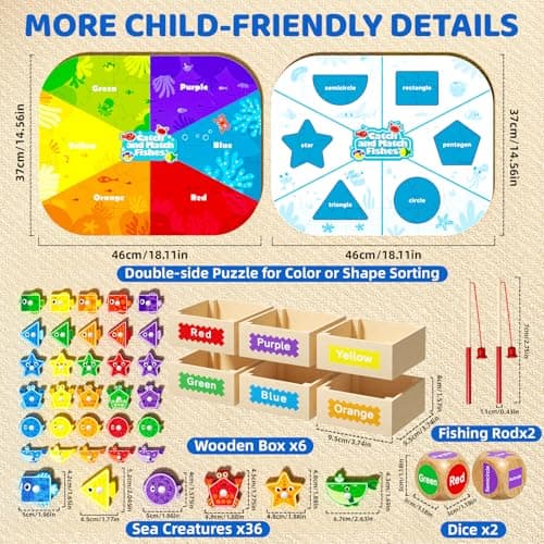 edutree Montessori Toys for Toddlers 1-3, Magnetic Fishing Game for Kids 2-4, Color & Shape Sorter Educational Learning Toys with Wooden Box & Puzzle for Boys Girls 3-5 - Thumbnail 4