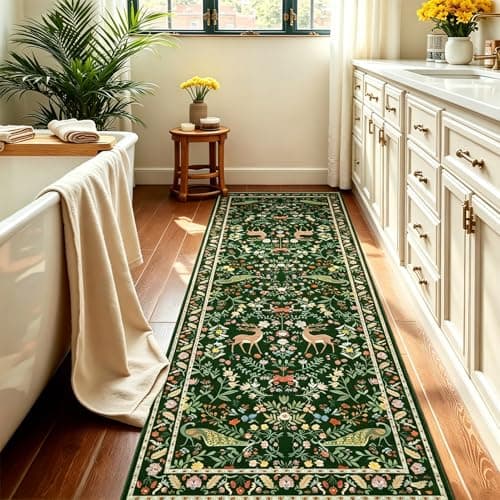 Lunasun Green Washable Floral 2x6 Runner Rug for Hallway- Stain Resistant Kitchen Runners, Botanical & Animal Indoor Floor Mat for Bathroom, Soft Non Slip with Rubber Backed - Thumbnail 4