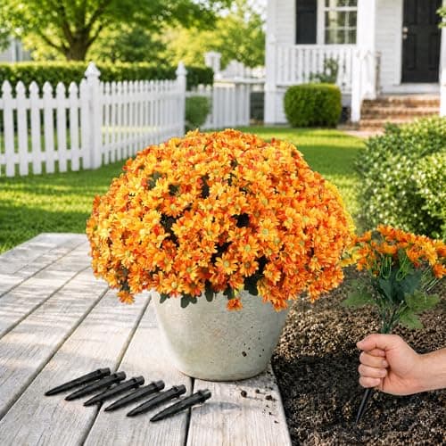 Artificial Flowers for Outdoors with Ground Spikes, 14 Stems Large Daisy Fake Flowers, Silk Faux Flowers for Outdoor Planters, Garden, Porch, Window Box & Cemetery Decor, 6 Bundles(Orange)