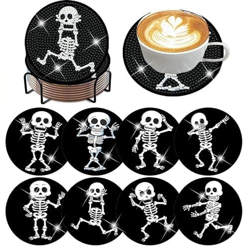 ijbnhd 8 PCS Skull Diamond Art Coasters Diamond Painting Coasters Kits with Holder Skeleton for Beginners Adults Crafts Supplies 4X4inch (Cork Wooden Pad) - Image 1
