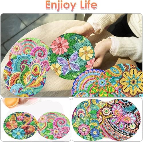 ijbnhd Flowers Diamond Art Coasters Kits for Adults, 8 Pieces Flowers Diamond Painting Coasters with Holder for Beginners 4X4inch (Cork Wooden Pad) - Thumbnail 2