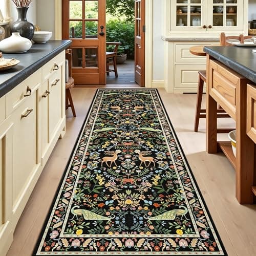 2x6 Black Bathroom Rugs - Washable Floral Runners for Kitchen Floor, Hallway, Low Pile & Soft Non Slip Bedroom Carpet with Rubber Backing, Dark Botanical & Animal Decor - Thumbnail 2