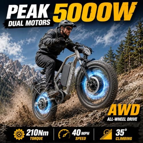 DAMSON Y3 5000W Dual Motor Electric Bike for Adults AWD, 52V 30Ah Battery, 40MPH Electric Bicycle, Up to 90 Mile Range, 26" Fat Tire Mountain Ebike, Full Suspension, Hydraulic Disc Brakes - Thumbnail 2