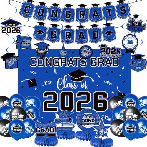 2026 Graduation Decorations Set Congrats Grad Banner Class of 2026 Backdrop Balloons Swirls Honeycomb Centerpieces Navy Blue Graduation Party Supplies for High School College Grad Decor