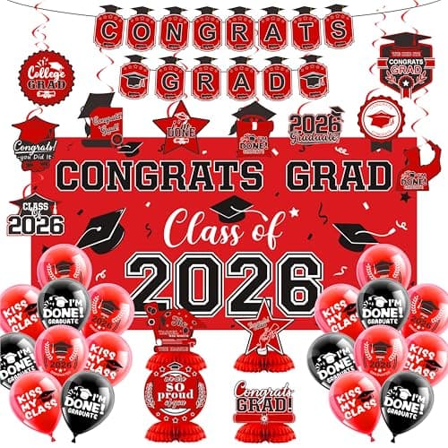 2026 Graduation Decorations Set- Class of 2026 Grad Party Decorations, Congrats Grad Banner, Backdrop, Grad Hanging Swirl, Balloons and Honeycomb Table Toppers, Graduation Party Supplies