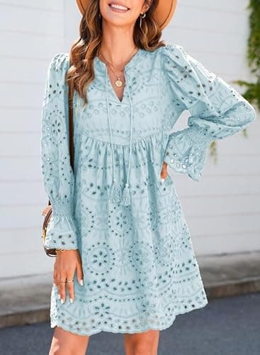 Dokotoo Womens Dresses 2026 Cotton Long Sleeve Tassel V Neck Short Blue Dress A Line Hollow Out Lace Ruffle Cute Dress Elegant Casual Beach Party Dresses Small - Thumbnail 4