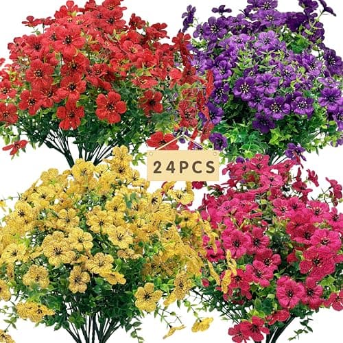 Senjie 24 Bundles Artificial Flowers Bulk for Outdoor Decor, UV Resistant Fake Plastic Flowers, Faux Flowers for Porch Patio Window Boxwood Garden