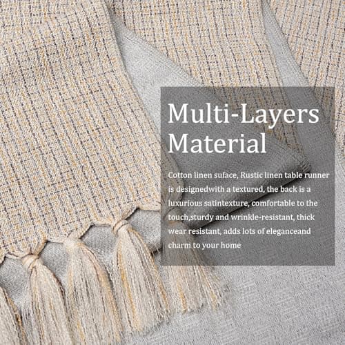 yuboo Boho Table Runner 72 Inches Long, Rustic Farmhouse Dresser Runners for Bedroom, Beige Linen Woven Table Runner with Tassels for Dining Room, Coffee Table, Wedding Decor, Vintage Home Decor - Thumbnail 2