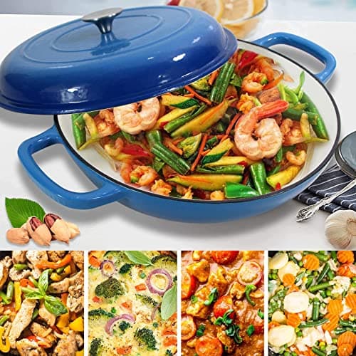 Enameled Cast Iron Dutch Oven Braiser, 3.8 Quart Enamel Skillet Pot with Lid - Heavy Duty and Dual Handles, Oven Safe Frying Pan for Family or Friends Gifts, Blue - Thumbnail 2