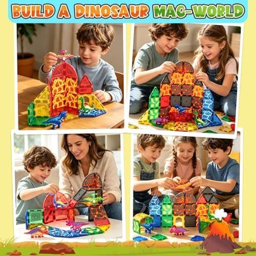 Coodoo Dinosaur Toys Magnetic Tiles Lava Dinosaur World Set - Magnetic Blocks Building for Kids 3-5 5-7 Girls Boys Toy Age 4-6 6-8, Classroom Must Haves Toddler Sensory for 3+ Year Old Kids Toys - Thumbnail 3