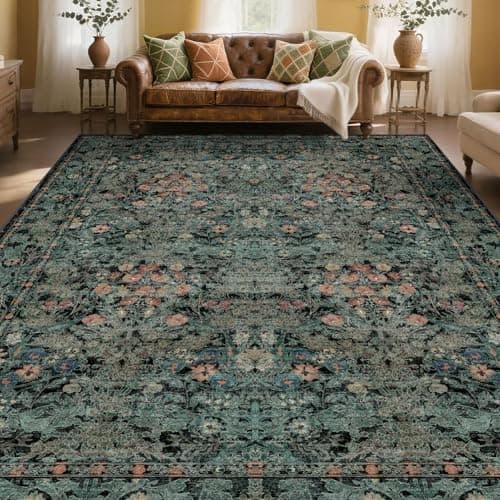 Boho Dark Green Floral Area Rug 8x10 for Living Room, Washable Farmhouse Moody Rug for Bedroom, Dining Room Under Table, Cottage Core Distressed Low Pile Non Slip Carpet, Soft Large Mat - Image 1