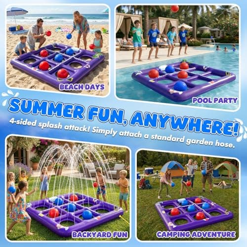 EPN Pool Games for Kids and Adults, 56” x 54” Inflatable Floating Tic Tac Toe Toss Game with 10 Balls, 2-in-1 Pool & Lawn Water Sprinkler Toy, Summer Pool Party Accessories for Backyard Fun, Purple - Thumbnail 2